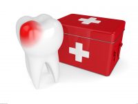 3d render of tooth with first aid kit isolated on white background